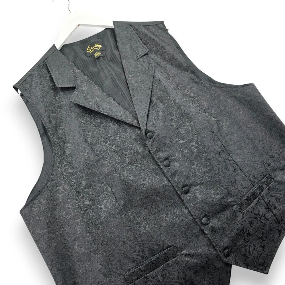 Scully Mens XXL Black Paisley Western Vest Formal Notched Lapel Polyester Cinch